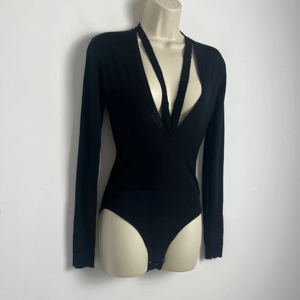 Tory‎ Burch Size XS Black Knit Long Sleeve Deep Plunge Body Suit